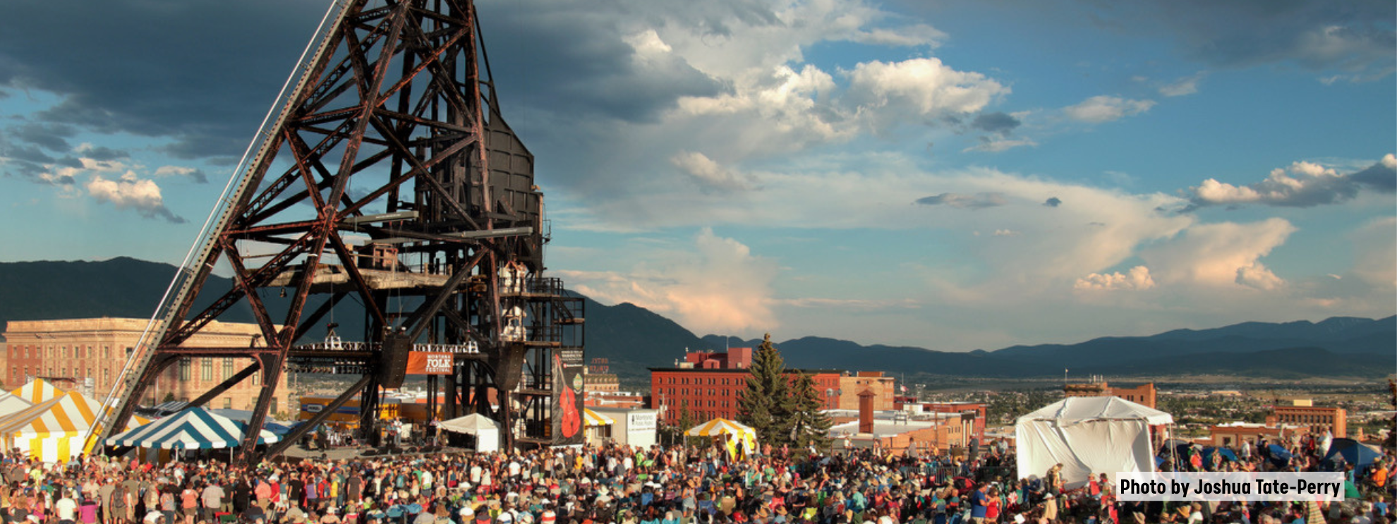 A large crowd in front of the Original Stage in Butte, MT during the Montana Folk Festival